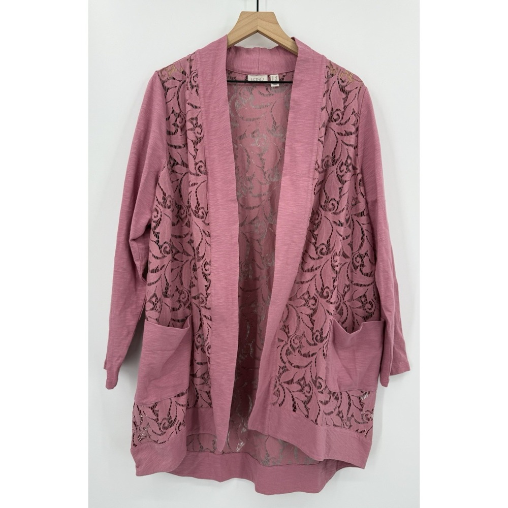 Logo Lori Goldstein Jacket‎ Womens 1X Pink Open Lace Long Duster Pockets